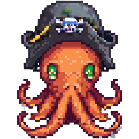 pixel art octopus with pirate hat, sad expression emoji