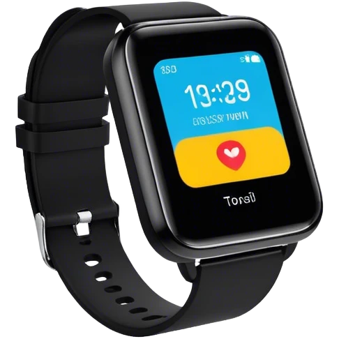 A modern smartwatch, black with a vibrant screen display  emoji