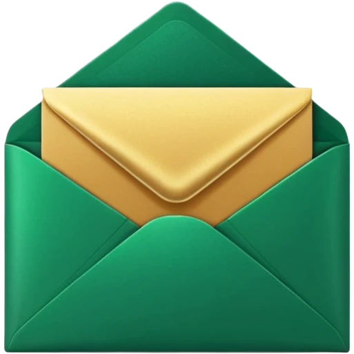3D minimal envelope icon with subtle star or sparkle accent, matte finish, deep green (#0B3D2C), gold (#C9B037) sparkle, Apple style, sleek and premium, soft shadow, transparent background emoji