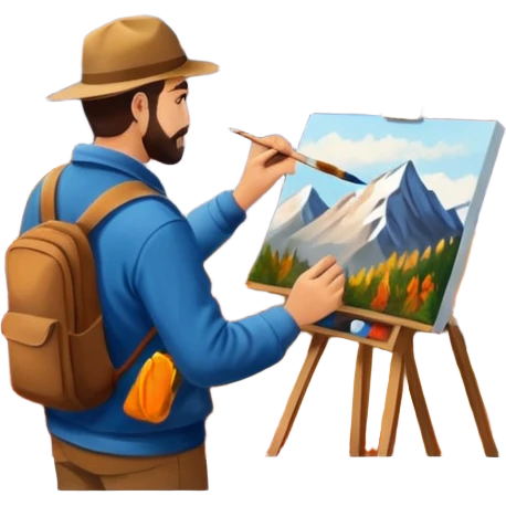 Artist painting a beautiful autumn mountain peak destination on canvas emoji