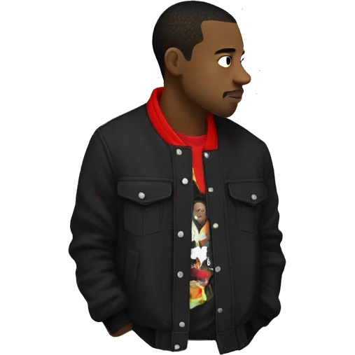 side profile of a hip hop artist. he is wearing a black jacket. the jacket also has a red collar.  emoji