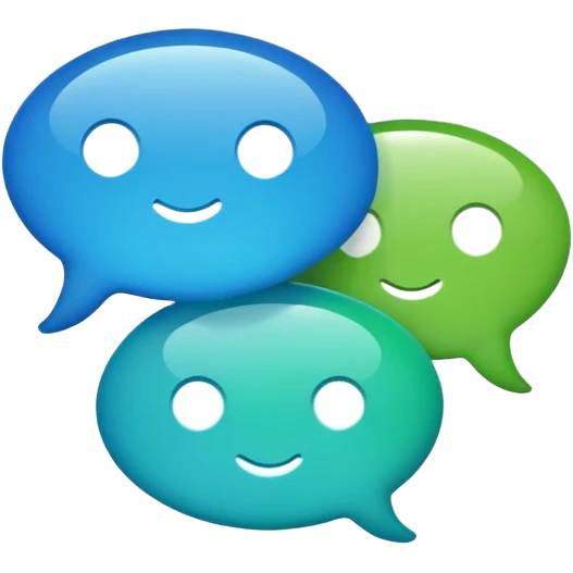 Create an emoji-style icon with two overlapping chat bubbles and a small phone or info symbol, representing ‘Contact Us’. Cute, colorful, rounded design emoji