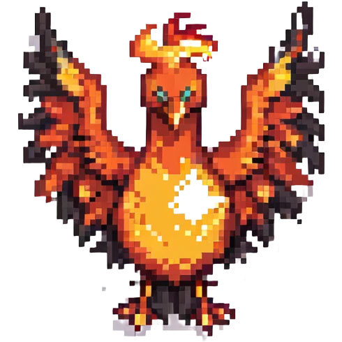 Transform this pixel art phoenix into a dark phoenix: make the bird's body black, with shining, vivid flames in orange, red, and yellow. Keep the background transparent. emoji