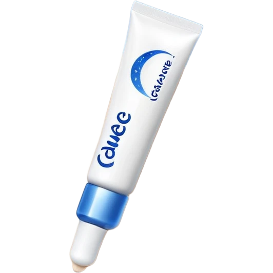 Small white CeraVe tube with blue label soft beige tip, with gentle light. Surrounded by tiny floating tear-shaped sparkles and crescent moon dust, hinting at dark circle repair. Emits a soothing blue-beige aura like a targeted eye revival spell. Compact, calming, and luminous — emoji-style. emoji