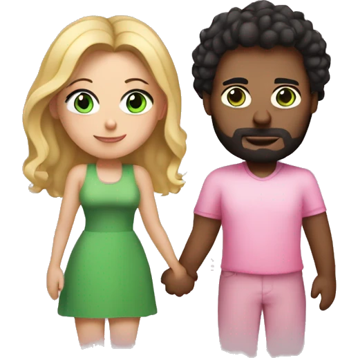 Curvy woman with long blonde hair and green eyes wearing a pink dress holding hands with a tall brown man with dark short curly hair and glasses emoji