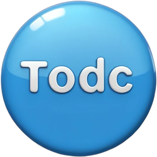 A glossy, three-dimensional emoji pin badge showing the text "TODOC". The font is modern, rounded, sans-serif, and colored in a professional medical blue. The badge has soft edges and reflections, in the style of Apple emojis. White background. emoji