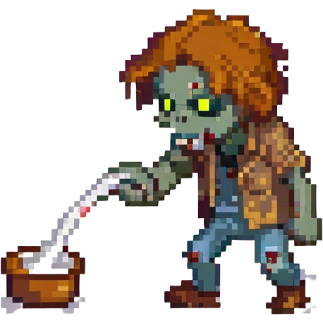 A zombie Leo  sniffing white powder with a background lab in the style of a pixel art emoji