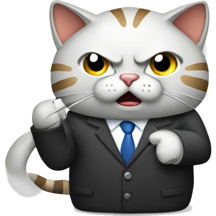 A cat in a business suit making an angry phone call emoji