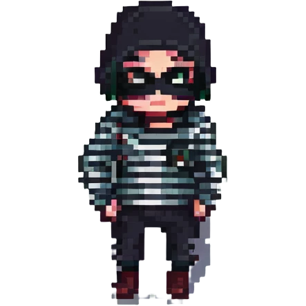 pixel art style robber with black mask and striped shirt, sneaking pose emoji