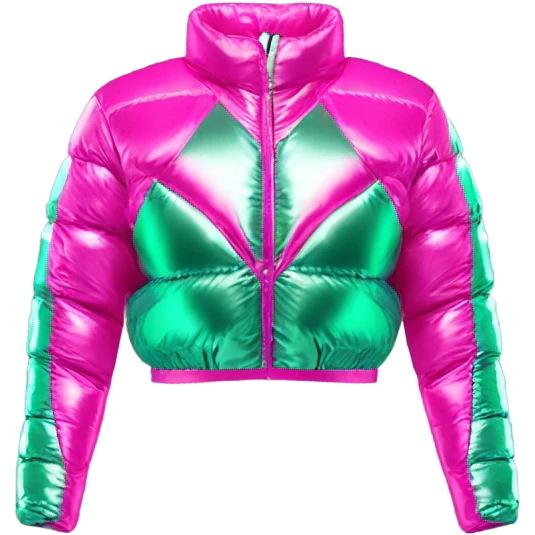 Realistic isolated side view of an open metallic hot pink cropped puffer jacket and metallic mint green sports bra underneath the jacket. emoji