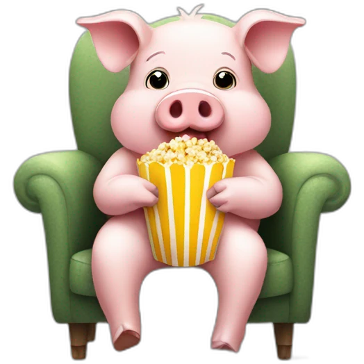 Funny pig sitting on a chair with popcorn emoji