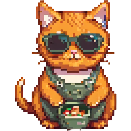 Make the cat orange, keep the pixel art style, cat wearing sunglasses and eating a mouse, with no background. emoji