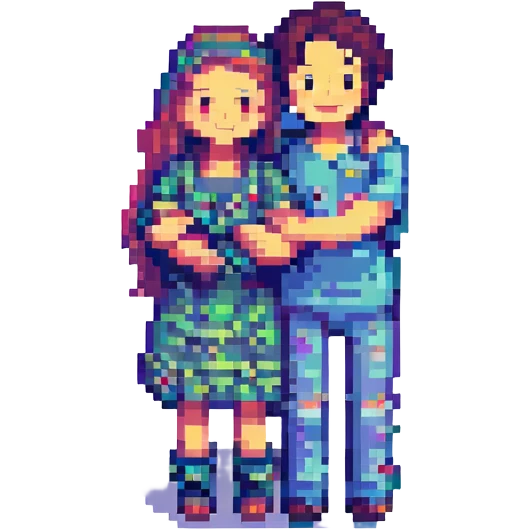 a group of friends, pixel art style, smiling, arms around each other emoji