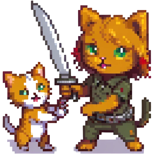 a girl kitty cat holding a knife, attacking a boy dog emoji