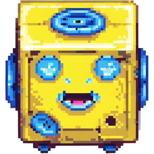 yellow cube with blue eyes, blue mouth, and blue wheel matching the eyes, pixel art style emoji