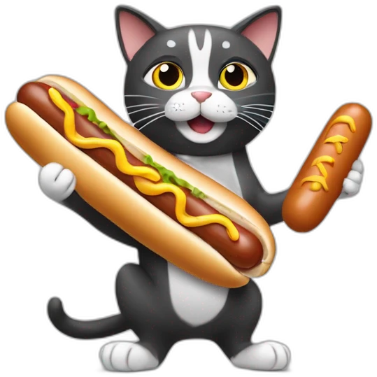 A cat who has a hot dog in his hand and the hot dog shoots sausages  emoji