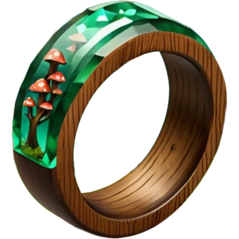dark wood ring with epoxy resin in forest green pines and mushrooms crystal emoji