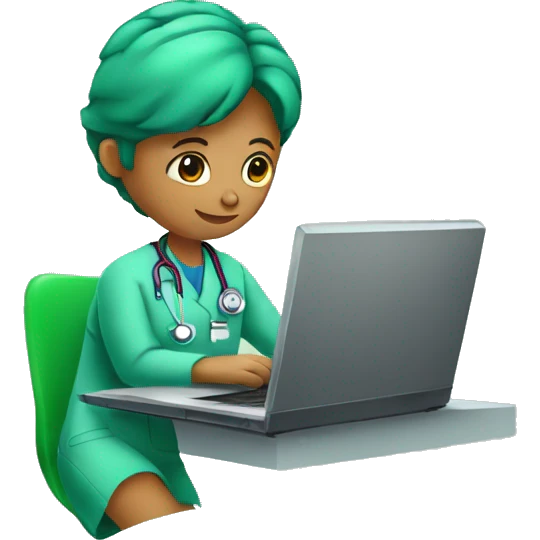 a doctor in green scrubs and no stethoscope sitting in front of a laptop emoji