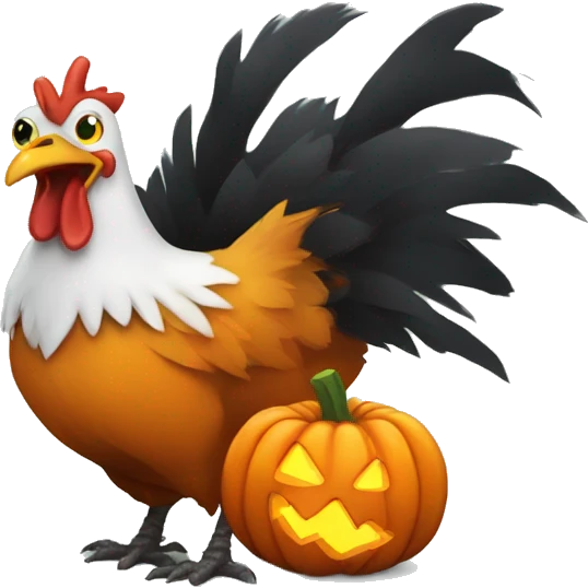 Spooky Halloween chicken pecking a pumpkin. emoji