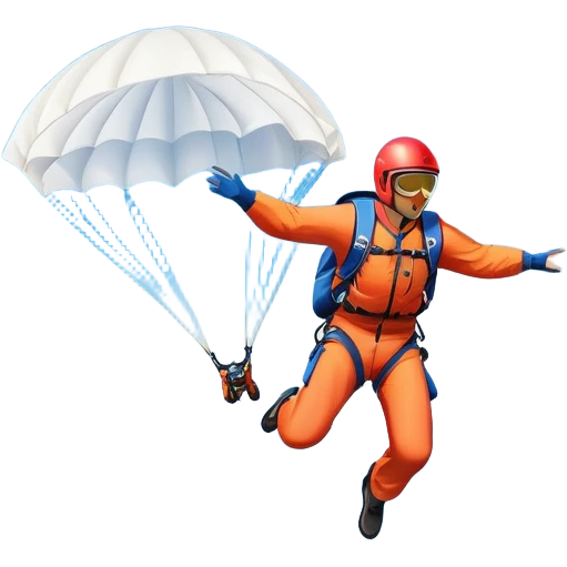 A base jumper soaring through the air, parachute deployed, flying off a steep mountain peak. The background is filled with majestic mountains, clear blue sky, and distant clouds, capturing the exhilarating thrill and beauty of extreme sports. emoji