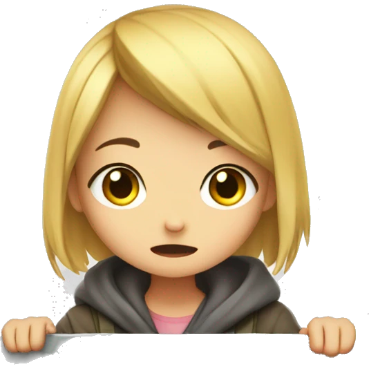 very shy anime girl holding and taking cover behind a sign emoji