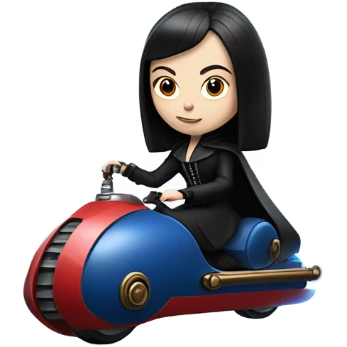 Jedi teen Morticia Addams flying a red and blue Jumpspeeder anti-gravity repulsorlift powered by an imperial speeder steampunk  emoji