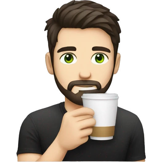 Handsome man with dark hair, holding an cup of coffee, gradient short hair on the side, green eyes. Thin face. Black t-shirt. A little beard. emoji