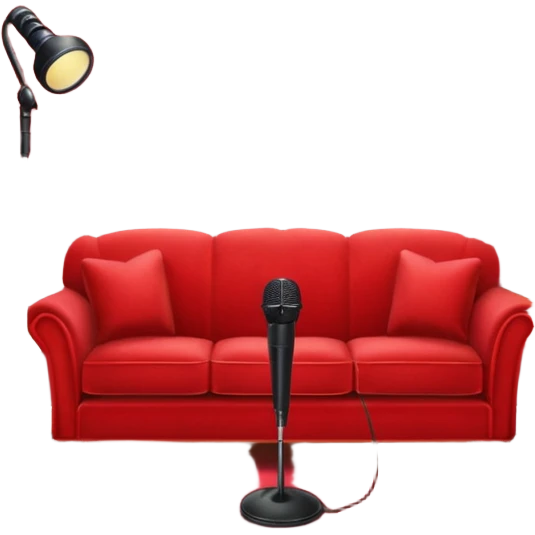 red velvet couch, stand microphone, houseplants, karaoke sign emoji