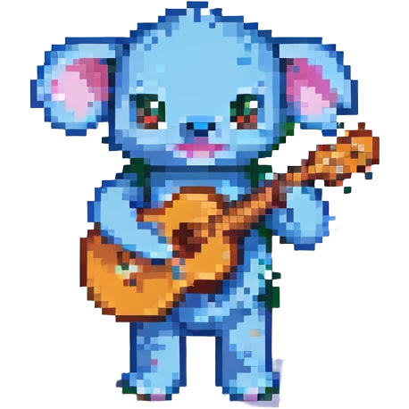 Stitch from Lilo & Stitch, pixel art style, holding a ukulele, cheerful, small size emoji