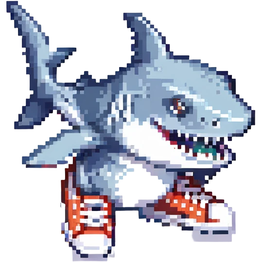 pixel art: a cool shark in sneakers, simple background emoji