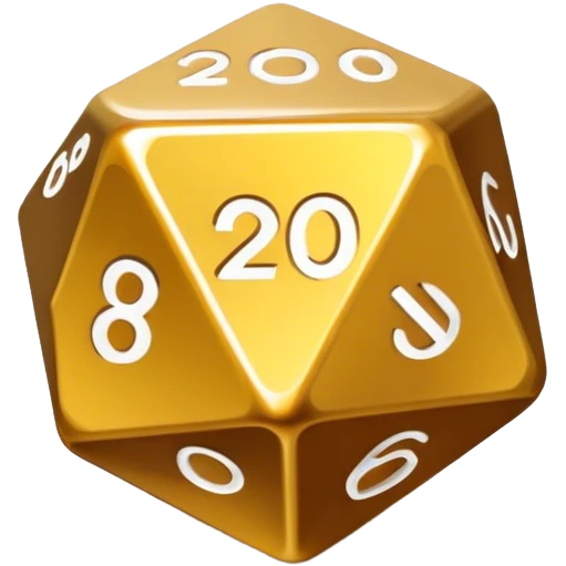 A gold 20-sided die
Sharp, clean design
Gold color with metallic shine emoji