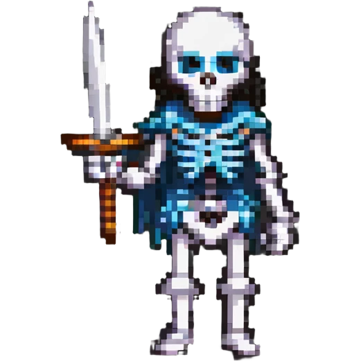 pixel art skeleton wielding a sword, facing forward emoji