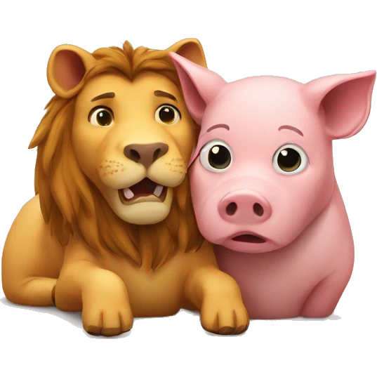 a pig and a lion hugging emoji