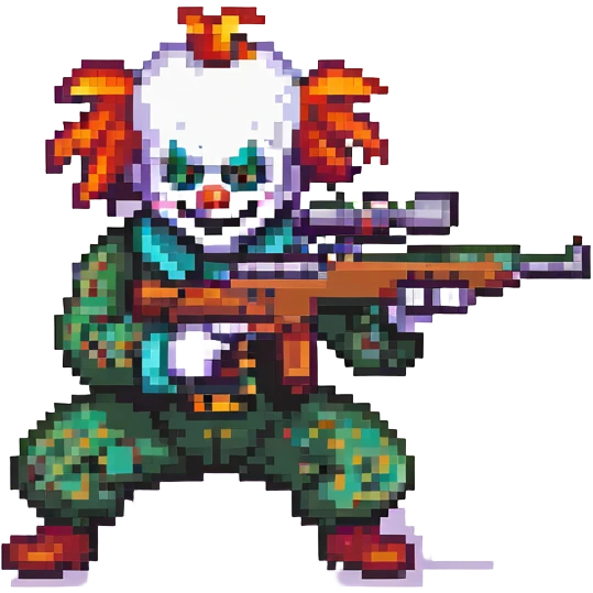Evil clown assassin, prone and aiming a sniper rifle, pixel art style, retro video game look, simple colors, transparent background. emoji
