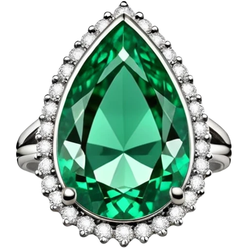 Realistic, detailed, beautiful, expensive Pear Zambian Emerald Gemstone Cocktail Ring SI/H Diamond 14 Karat White Gold emoji
