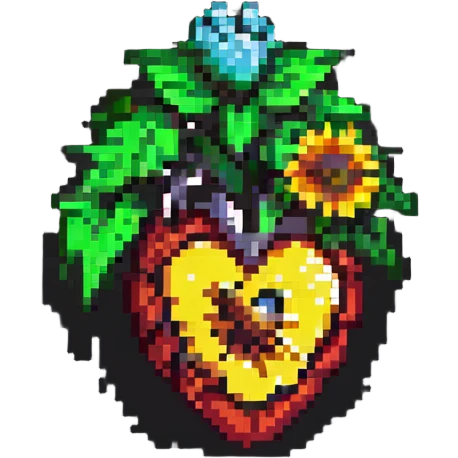 a human heart entwined with a sunflower, retro game aesthetic, pixel art emoji