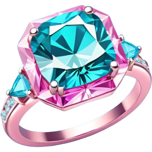 Colorshifting turquoise to blue to pink sparkling realistic still life 4D rendering diamond ring emoji