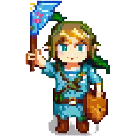 Pixel art Link from Zelda, waving and saying bonjour, retro video game style emoji