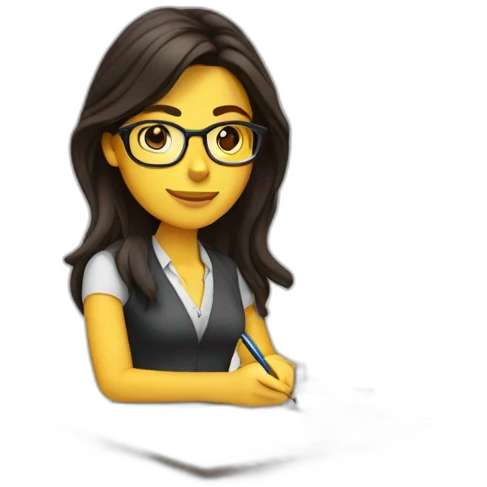 White woman with long dark brown hair using glasses writing emoji