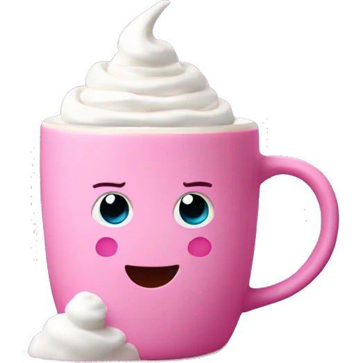 Hot chocolate in pink mug with whip cream emoji