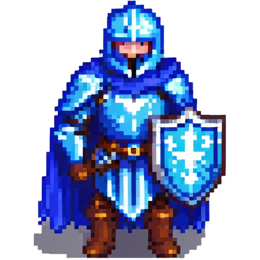 pixel art knight with blue cape, gray iron sword, blue metallic shield emoji