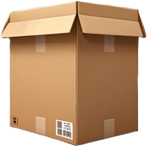 Ultra-realistic cardboard box inspired by the 📦 emoji in a warehouse environment, 4K, detailed corrugated texture, taped edges, industrial shelves in background, soft industrial lighting, realistic shadows, sharp focus, cinematic depth, professional photography. emoji