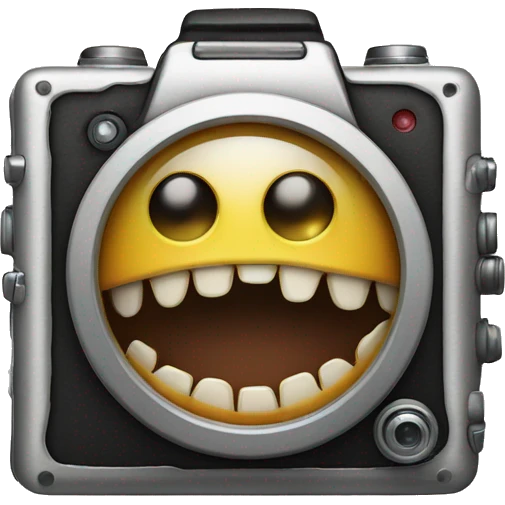 Camera with teeth, braces, and tongue hanging out its eyeball with hands emoji