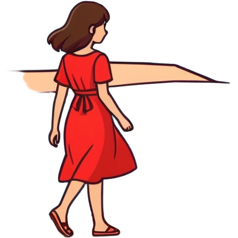 Brown haired girl in a red dress walking down the shore  emoji