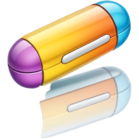 A single 3D cartoon capsule lying on a reflective surface, split color design, detailed shine, simple lighting, realistic Memoji-style. emoji
