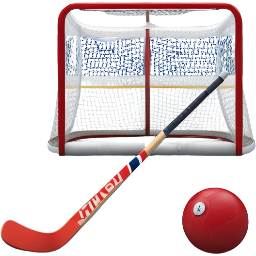 A red ball and hockey stick resting on an ice rink, with the goalposts and clear markings in the background. The scene captures the unique nature of field hockey with a ball on ice, emphasizing the speed and precision of the sport in a cold, competitive atmosphere. emoji