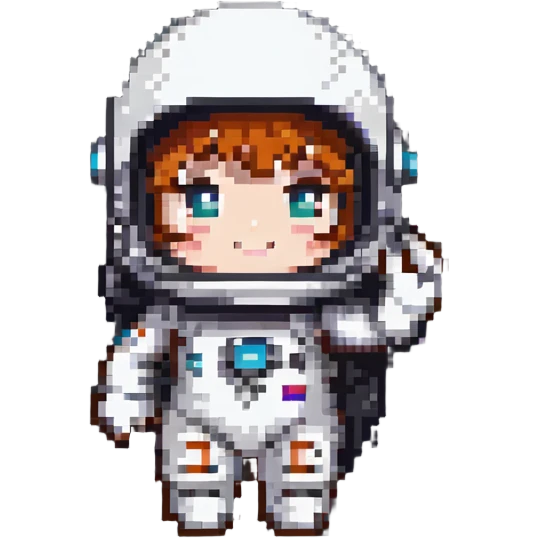 chibi astronaut waving with a floating helmet emoji