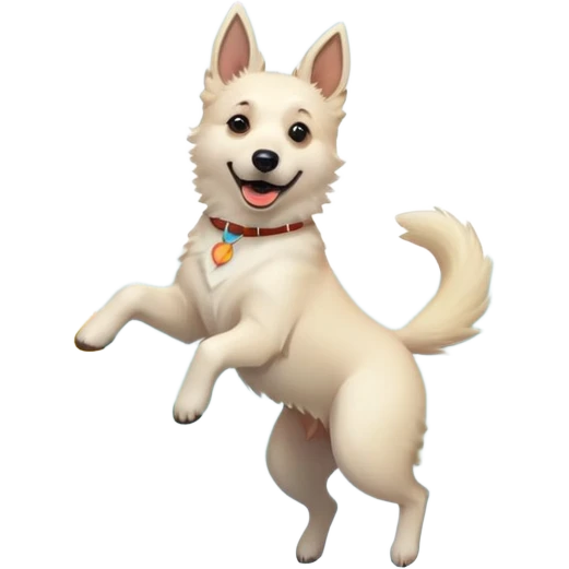 Beautiful White belgian Shepard jumping Cheerful  with a little blonde Boy Who laughs over Rain puddles. There is a rainbow in the sky and a forest in the background emoji