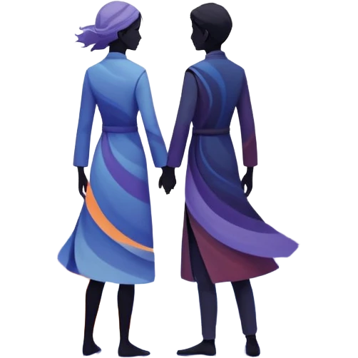 Center composition: Two silhouetted figures standing back-to-back or side-by-side in a circle of calm (soft blues, lavenders, white light)
Around them: Swirling storm energy—abstract shapes, wind lines, chaotic movement in reds, oranges, and dark grays emoji