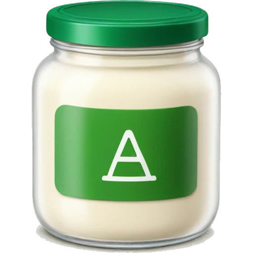 a cream coloured glass jar with a green lid & green label around the middle emoji